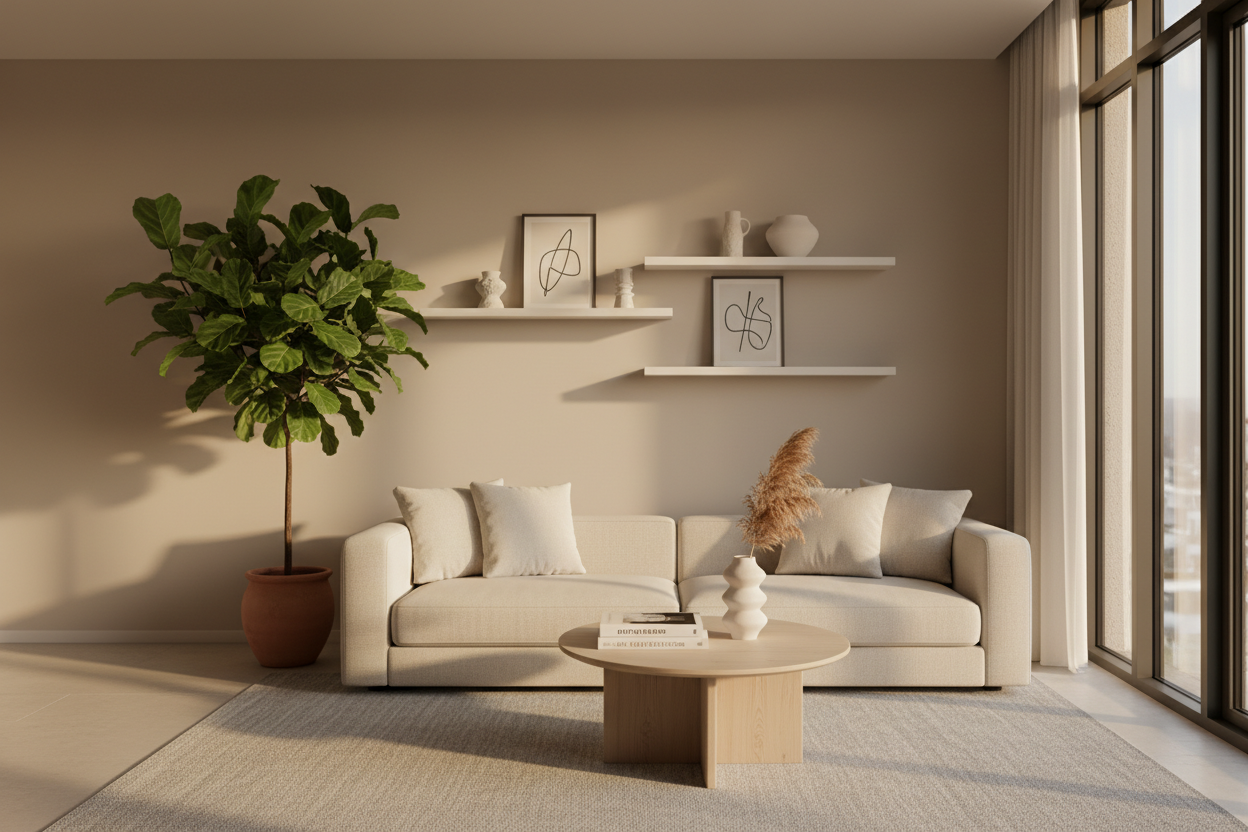 Create a premium, minimal, and aesthetic hero image for a modern home improvement brand called Homezenta.

The scene should feature a beautiful, well-lit living space that looks warm, cozy, and elegant — showcasing modern furniture, soft lighting, and subtle decor elements like indoor plants, wall art, and minimal shelves.

The composition should leave ample clean space on the left or center for adding text and buttons.

Visual Style:

Soft natural light (morning or golden hour glow)


