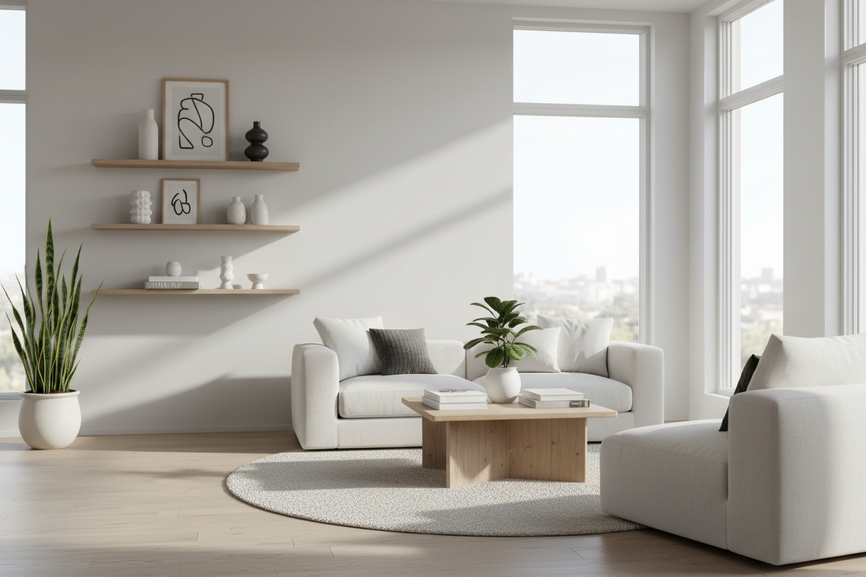 Create a premium, minimal, and aesthetic hero image for a modern home improvement brand called Homezenta.

The scene should feature a beautiful, well-lit living space that looks warm, cozy, and elegant — showcasing modern furniture, soft lighting, and subtle decor elements like indoor plants, wall art, and minimal shelves.

The composition should leave ample clean space on the left or center for adding text and buttons.

Visual Style:

Soft natural light (morning or golden hour glow)

make white 